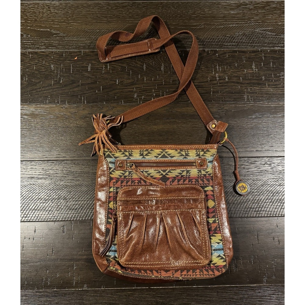 The Sak Purse Crossbody Woven Cotton Leather Trim Southwest Boho Western VTG